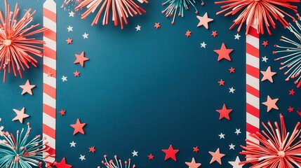 Fototapeta premium Festive red, white, and blue decorations with stars and fireworks create celebratory border on dark background, perfect for patriotic events or holiday celebrations