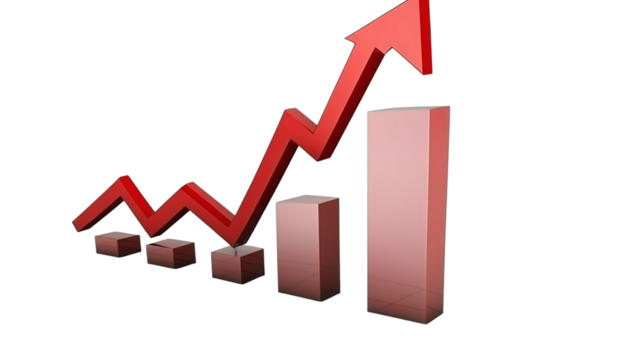 Curved graph with an upward-moving arrow, indicating growth, isolated on white background