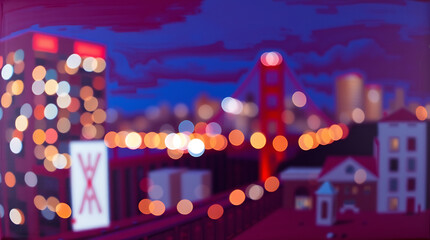 Blurred abstract bokeh background of San Francisco city lights at night, Created by Generative AI