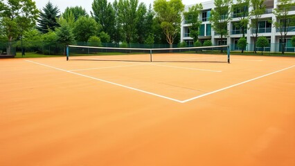 Outdoor Tennis Court Clay Surface Green Trees Modern Building