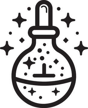 Illustration of a magical elixir in a flask with sparkling effects, whimsical design, potion concept