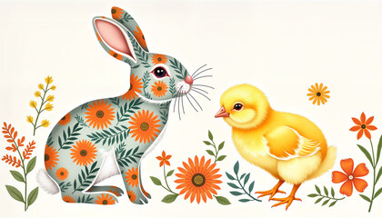 Bunny and chick together - Illustrated rabbit and chick surrounded by flowers  