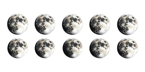 Obraz premium Ten detailed images of the full moon are arranged in two rows on a solid transparent background for science education or themes.