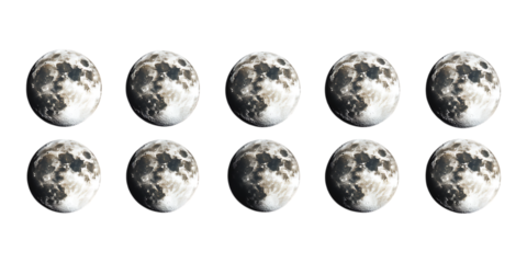 Ten detailed images of the full moon are arranged in two rows on a solid transparent background for science education or themes.