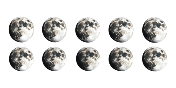 Ten detailed images of the full moon are arranged in two rows on a solid transparent background for science education or themes. - Powered by Adobe