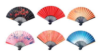 Six colorful folding hand fans with various patterns are displayed against a clean transparent background for marketing use.