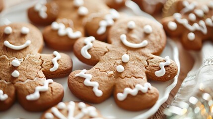 Close-up of gingerbread men cookies decorated with icing.