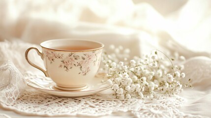Fototapeta premium A warm, inviting Easter tea scene featuring a vintage teacup, Gypsophila sprigs, and a delicate lace doily, set on a soft cream background