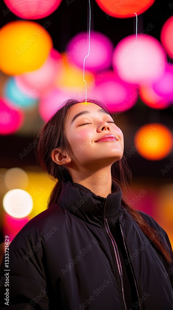 Aufkleber abstract futuristic intelligence concept of relaxed woman surrounded by neon glowing orbs and ai pow