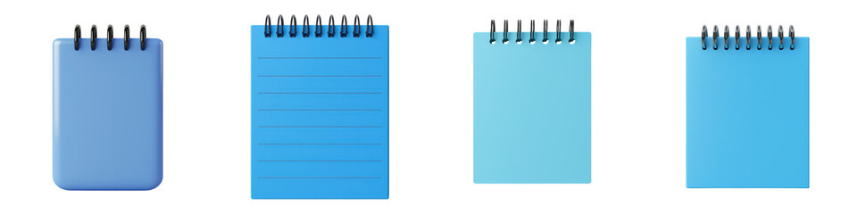 A collection of compact spiral bound notebooks and notepads in various shades of blue and teal arranged neatly on a white surface