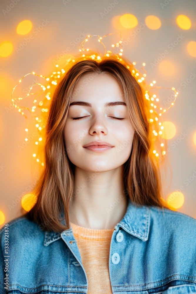 Poster artificial neural connection concept of woman with glowing golden mind waves illustrating futuristic