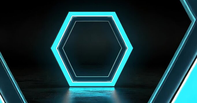 Neon hexagon light installation creates a stunning visual experience in dark environment
