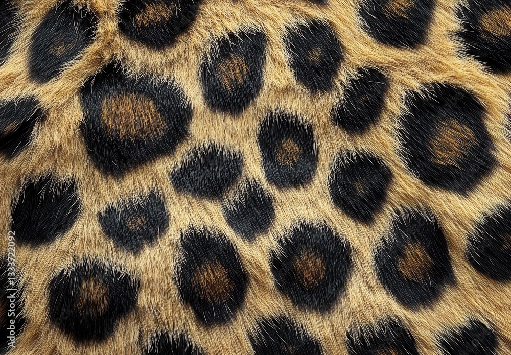 Poster close-up view of textured leopard fur displaying unique patterns and natural colors for wildlife pho