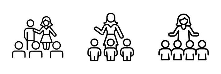 woman leading group icon, woman leading group line art - simple line art of woman leading group, perfect for woman leading group logos and icons