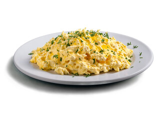 Delicious Scrambled Eggs on a White Plate, Garnished with Fresh Herbs
