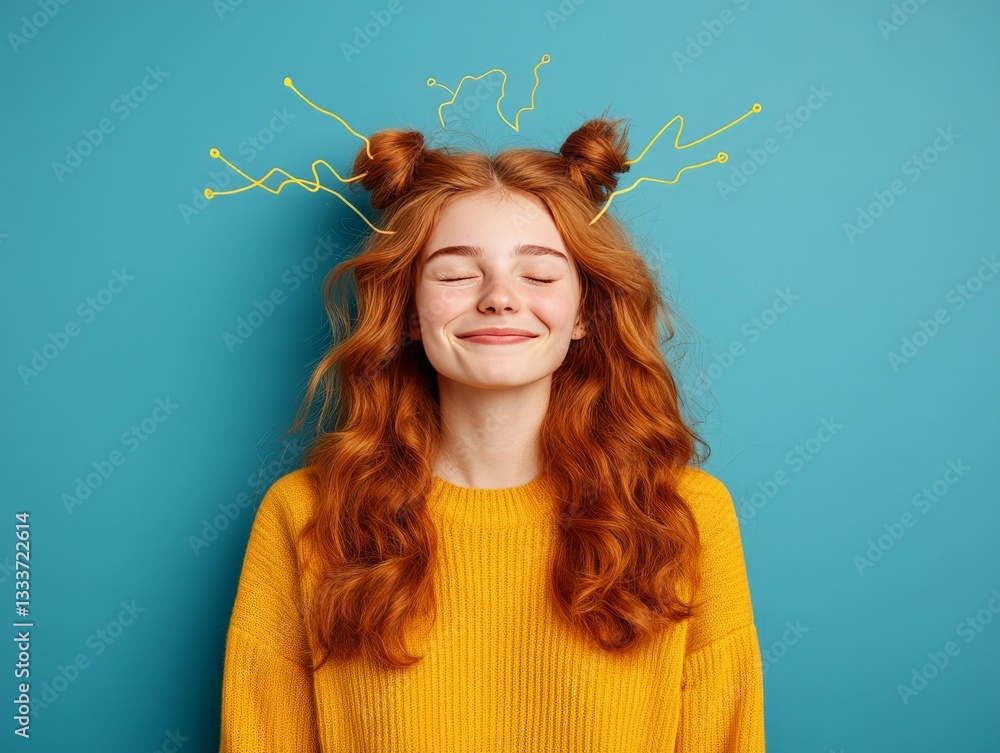 Aufkleber abstract neural energy expansion concept featuring relaxed red haired woman with glowing digital cog