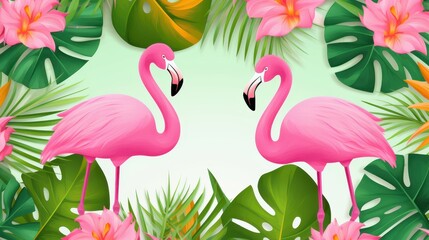Pink Flamingos Amidst Lush Tropical Paradise