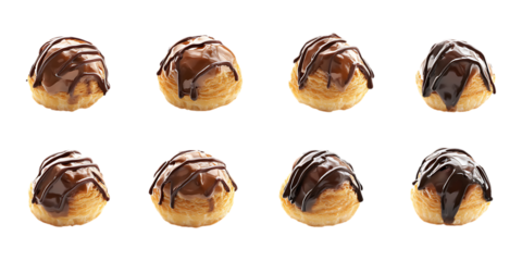 Eight small chocolate glazed profiteroles are displayed in two rows as a tempting pastry assortment isolated on a transparent background.