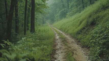 Fototapeta premium Rainy Forest Trail: Lush Green Vegetation, Muddy Path, Soft Light