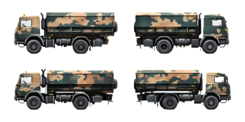Set of four military camouflage tanker trucks shown from various angles isolated against a plain transparent background for logistics graphics.