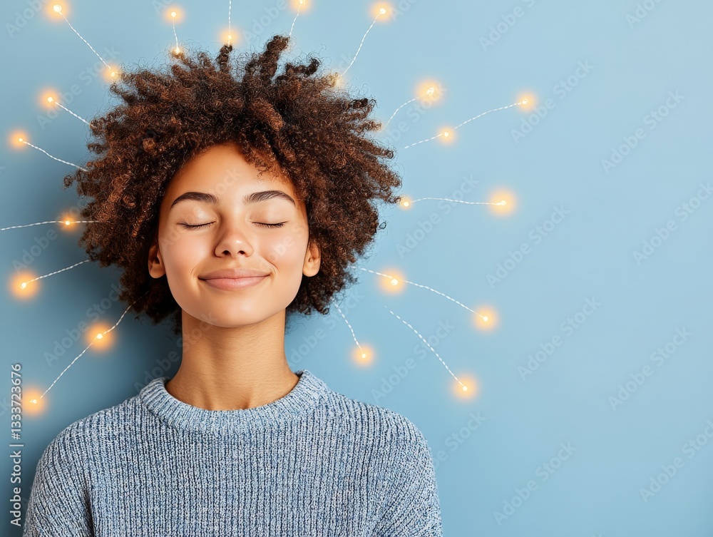 Poster abstract digital neural connectivity concept of cheerful woman with glowing cognition energy waves r