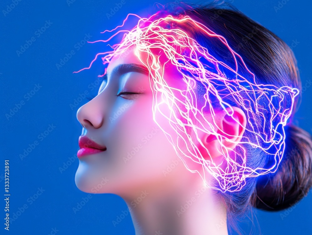 Aufkleber futuristic cybernetic brain simulation of young woman with neural data flow and glowing intelligence