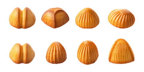 Eight assorted caramel-colored shell chocolates are presented in two rows isolated on a clean transparent background for confectionery advertising.