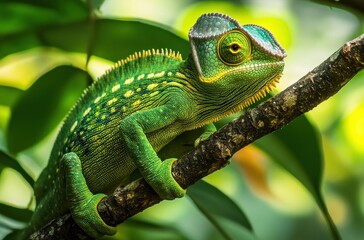 Colorful chameleon on a branch surrounded by lush green foliage in a vibrant rain forest habitat showcasing natural beauty and wildlife diversity