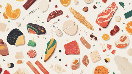A seamless pattern featuring a variety of illustrated food items on a white background.  The style is flat and illustrative, with a slightly textured appearance.  Foods depicted include various