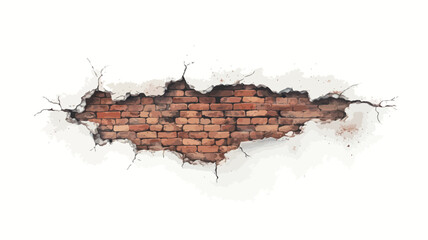 Close-up view of a section of a white wall with a large irregular hole revealing an underlying red brick wall. The hole is jagged and shows cracks radiating outwards. The exposed brickwork is