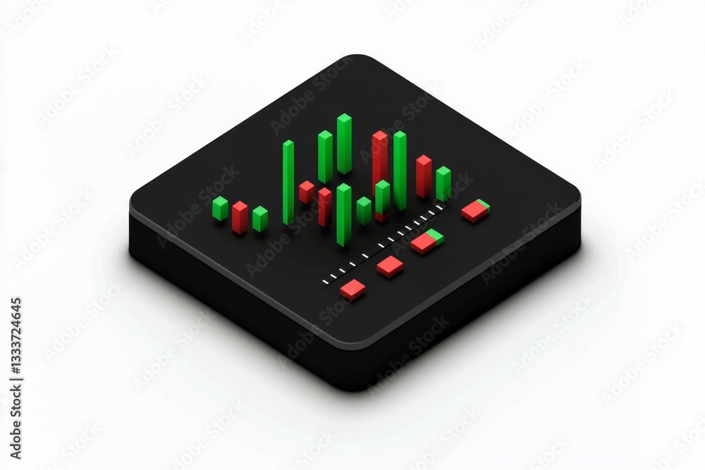Poster isometric financial data visualization, showing stock market trends. green bars represent rising val