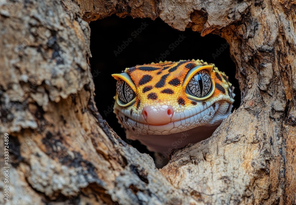 Poster colorful leopard gecko peeking from hollowed tree log, capturing natural habitat and unique patterns