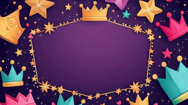 vibrant illustration featuring purple background adorned with colorful crowns and stars, creating whimsical and royal theme. central space is framed by golden stars, perfect for text placement