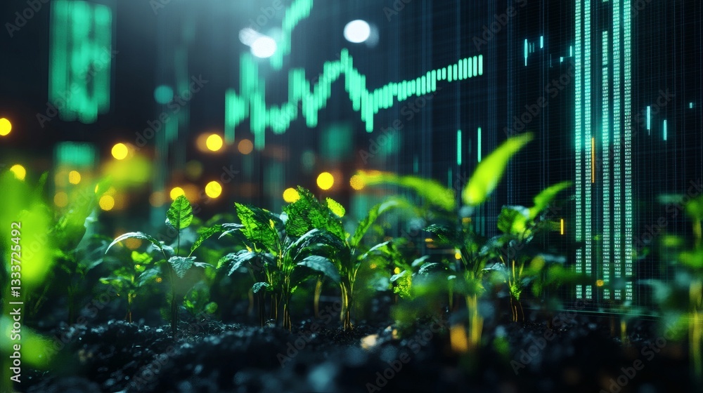 Aufkleber a futuristic financial market display with bright stock indicators and ai-driven analytics, floating