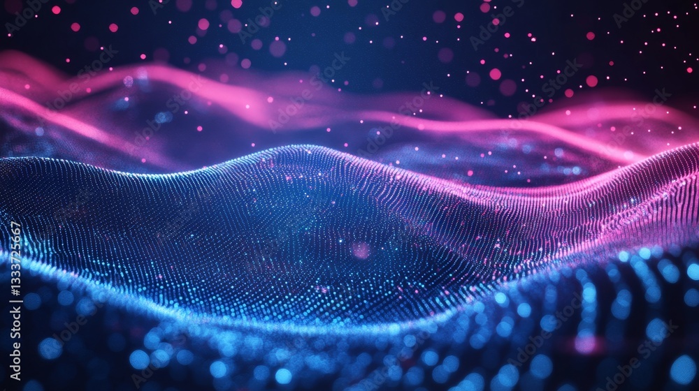 Poster mesmerizing digital wave of glowing dots in shimmering motion