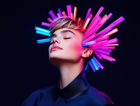 Man with futuristic glowing spikes radiating from his head in a conceptual digital artwork symbolizing mental expansion creativity AI powered intelligence and futuristic cognition