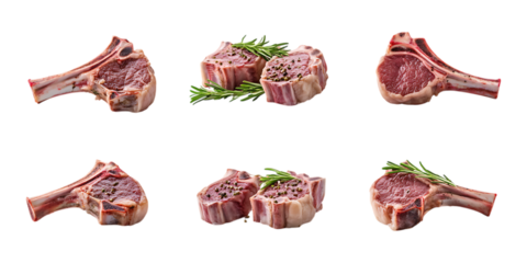 A collection of six raw lamb rib chops, some garnished with rosemary, presented for a butcher shop advertisement isolated on transparent background.