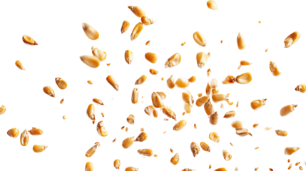 Flying corn seeds scattered in the air, isolated on white background