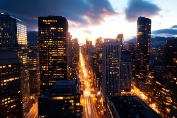 Obraz premium A vibrant cityscape at dusk, featuring illuminated skyscrapers and a busy street lined with glowing lights under a dramatic sky.