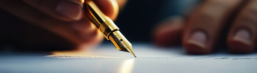 Naklejka premium A close-up of a hand holding a gold pen, poised over a sheet of paper, suggesting the act of writing or signing a document.