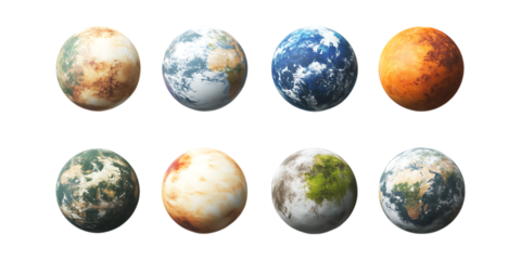 Eight diverse planetary spheres representing various worlds arranged in two rows against a clean transparent background for cosmic concepts.