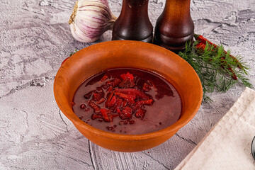 Homemade red soup Borsch with cabbage