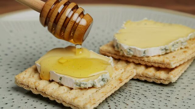 Honey Drizzling on Blue Cheese Crackers
