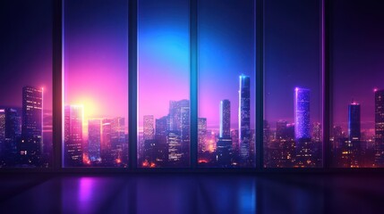 A vibrant city skyline at night, illuminated by colorful lights, viewed through large glass windows.