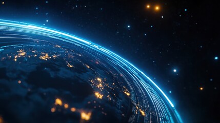 Obraz premium A stunning view of Earth from space, showcasing glowing cities and a vibrant atmosphere against a dark starry backdrop.