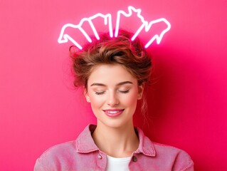 Smiling young woman with neon light crown in a conceptual futuristic digital portrait symbolizing cybernetic intelligence creativity and AI powered thought visualization