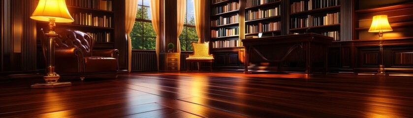 Fototapeta premium A cozy library with wooden floors, warm lighting, and shelves filled with books, creating an inviting and tranquil reading atmosphere.