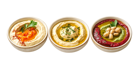 Three bowls of flavored hummus dips garnished with toppings offer a vibrant vegetarian spread perfect for menu design or healthy lifestyle.