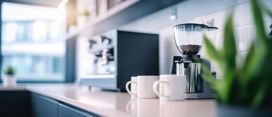 A sleek coffee maker sits on a countertop beside two mugs and a small plant, with a bright, modern kitchen in the background.