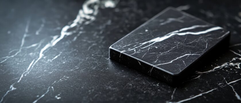 A sleek black marble surface with white veining, featuring a rectangular object that complements the elegant design.